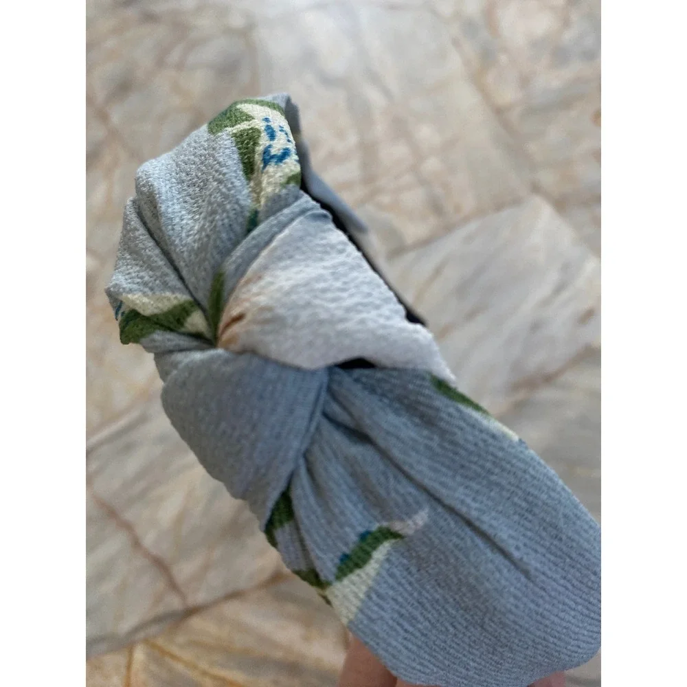 Light Blue Floral Knotted Headband Textured Botanical Top Knot Hair Accessory